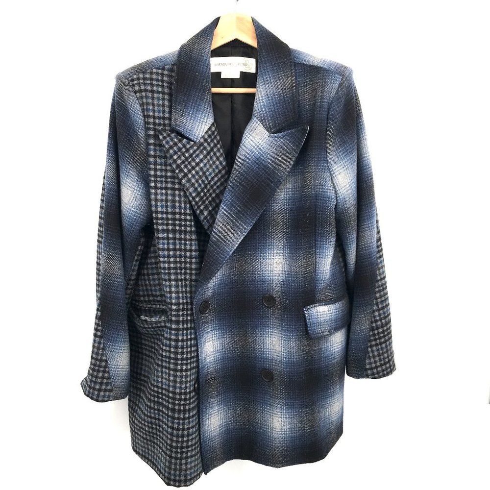 Treasure & Bond retro blazer jacket oversized blue plaid patchwork L
